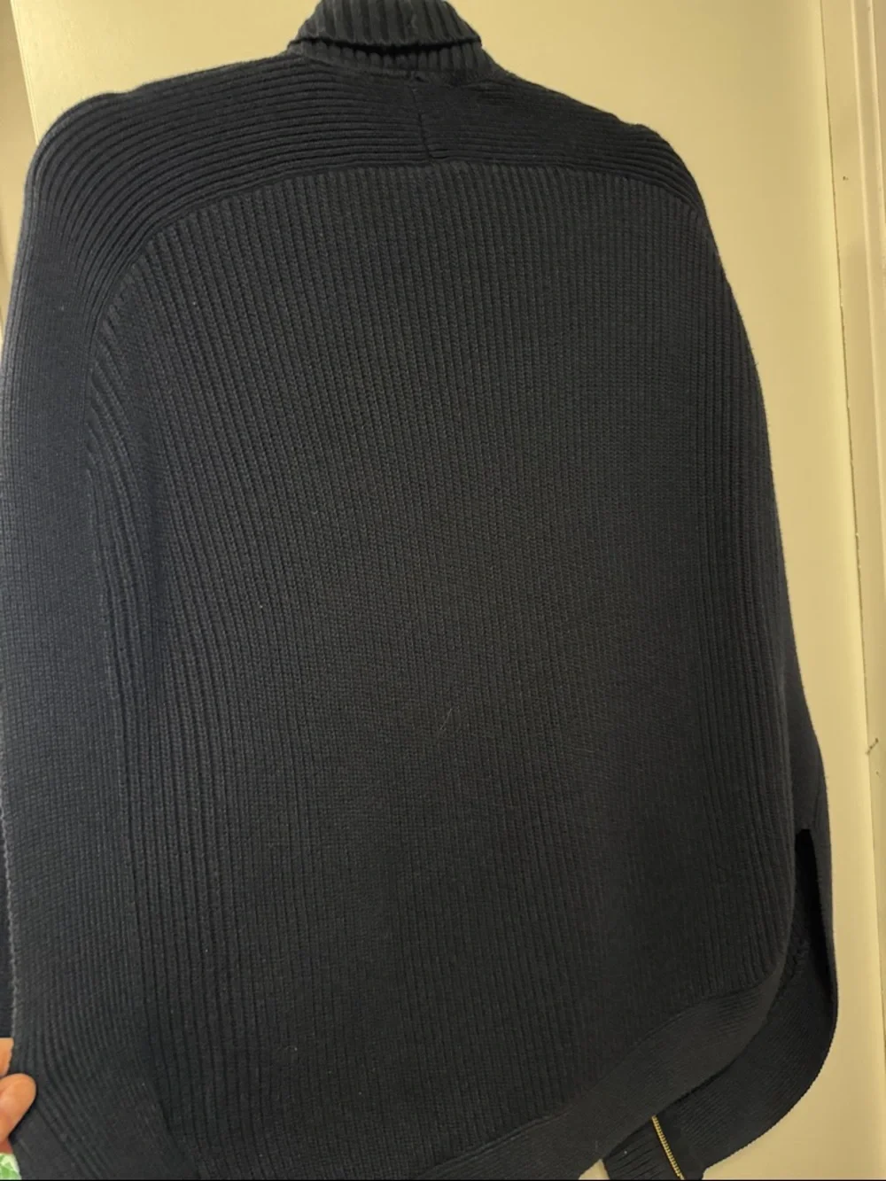 Michael Kors Navy Ribbed Knit Poncho Style Sweater with Brown Leather Accents - Picture 2 of 4